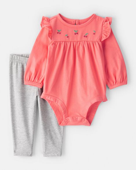 baby girl 2-piece cherry bodysuit & pant set - coral