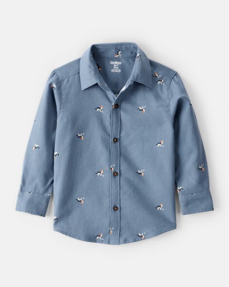 Toddler Boy Dog Print Button-Down Shirt - Blue