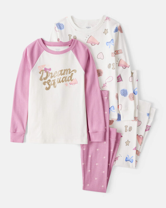Product image 1 of Girls Cheerleading Print 100% Cotton Long-Sleeve 4-Piece Pajamas - White/Pink