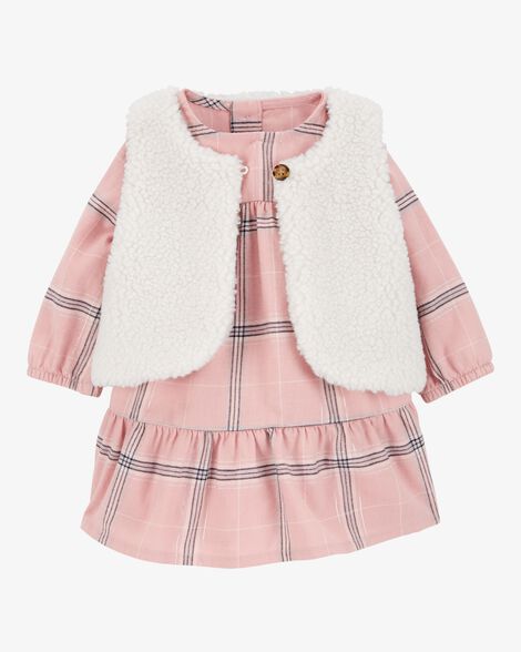  Product image 1 of Baby 2-Piece Plaid Dress & Sherpa Vest Set