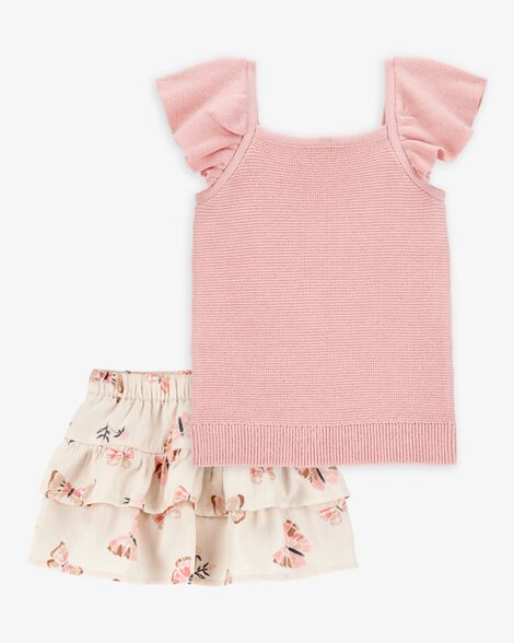 Product image 1 of Baby 2-Piece Flutter-Sleeve Rib Tank & Butterfly Ruffle Skort Set - Pink/Ivory