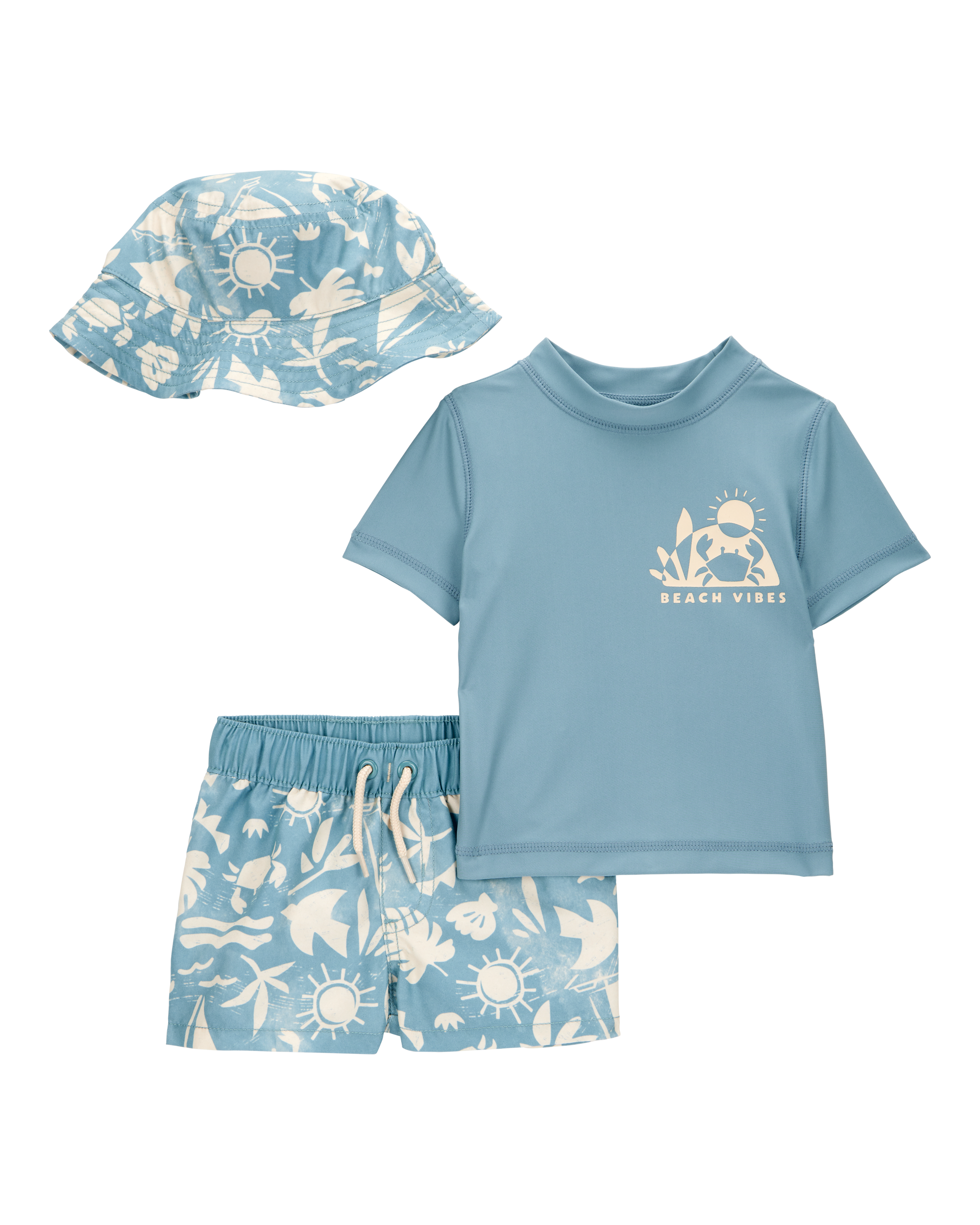 Baby 3-Piece "Beach Vibes" Rashguard Swim Trunk & Hat Set