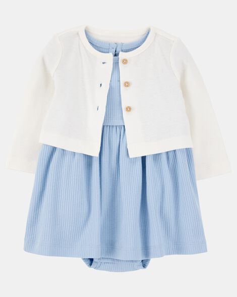 baby 2-piece bodysuit dress & cardigan set - blue