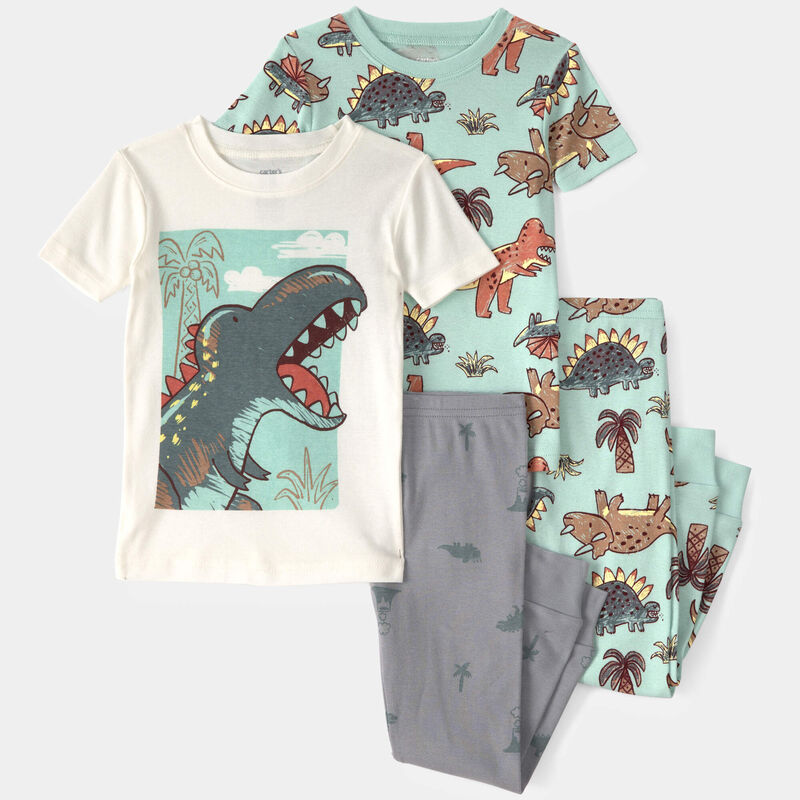 Toddler Boy Dinosaur 100% Cotton Snug Fit 4-Piece Pajama Set - Blue/Grey
