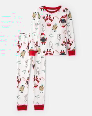 Kid Brown Santa Milk & Cookies Long-Sleeve Loose Fit 2-Piece Pajamas - White
