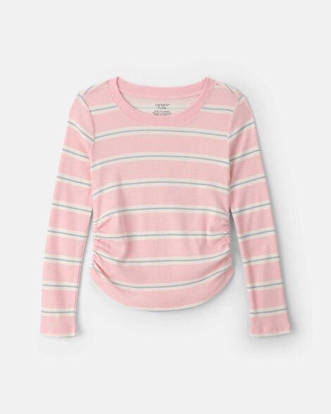 girls striped long-sleeve top - pink/grey/white