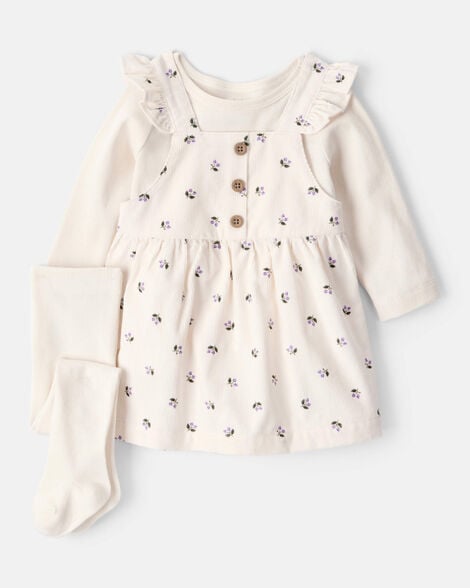 baby girl 3-piece floral long-sleeve dress set - white