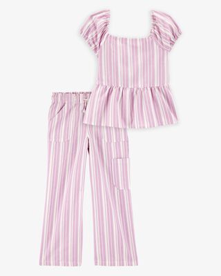 Product image 1 of Kid 2-Piece Striped Peplum Top & Drawstring Pants Set - Pink/White