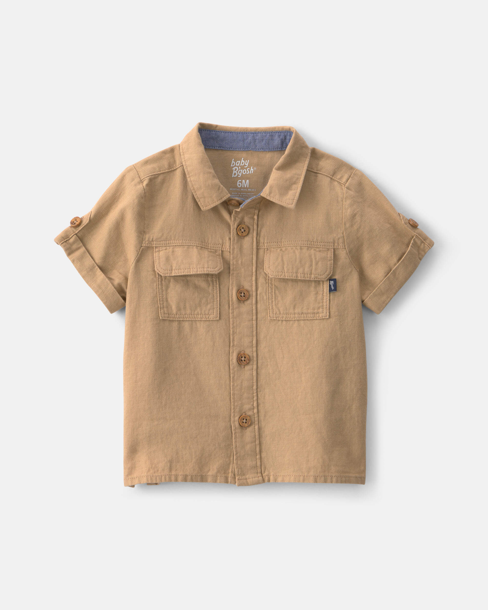 OshKosh Bgosh Baby Boy Linen Short-Sleeve Button-Down Shirt 12M Khaki 21$