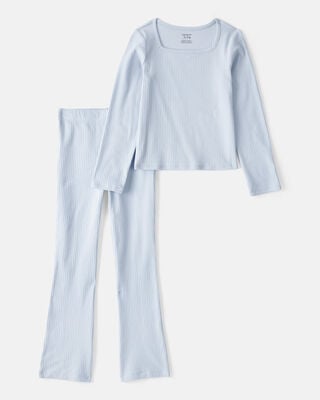 Product image 1 of Kid 2-Piece Ribbed Long-Sleeve Tee & Flare Pant Set - Blue