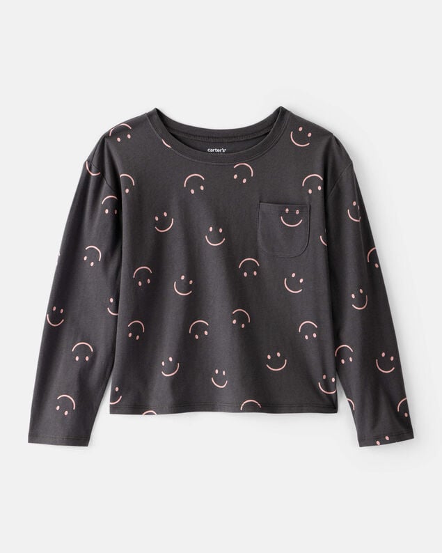 Product image 1 of Girls Smiley Face Print Long-Sleeve Top - Black