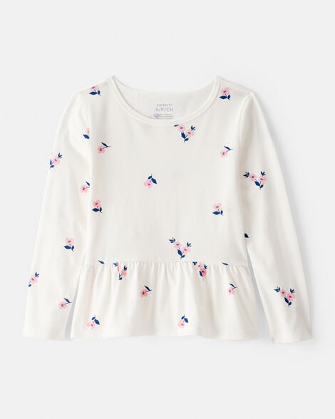 girls floral long-sleeve peplum top - ivory