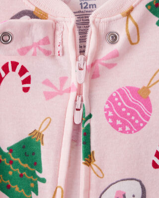 Product image 2 of Baby Girl Christmas Ornament Print 100% Cotton Long-Sleeve 2-Way Zip 1-Piece Pajamas - Pink