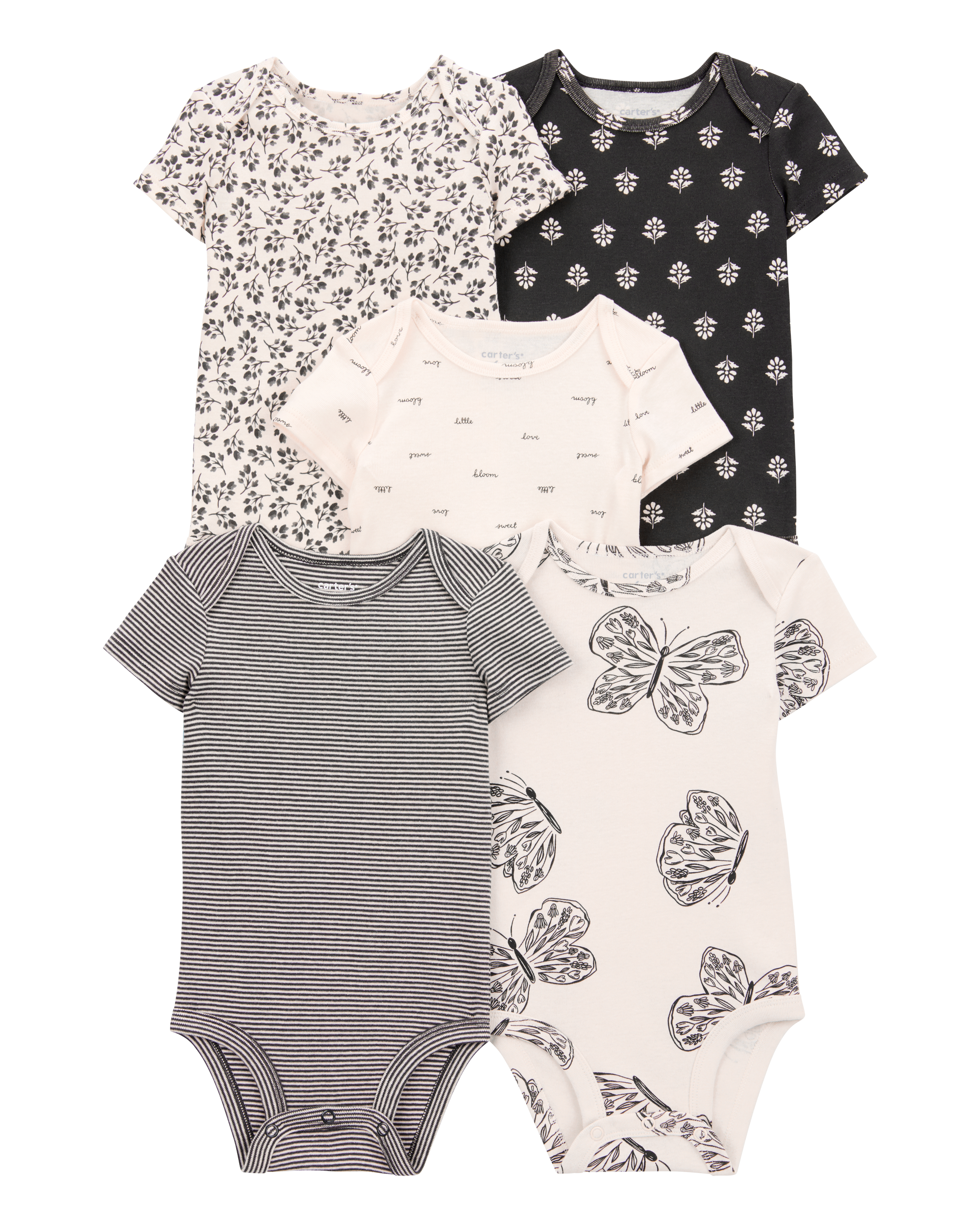 Baby Girl 5-Pack Striped Butterfly Short-Sleeve Cotton Bodysuits - Black/White