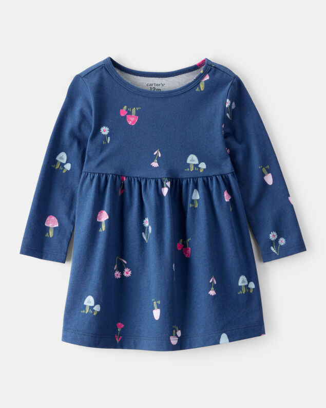 Product image 1 of Baby Girl Mushroom Print Long-Sleeve Cotton Dress - Blue