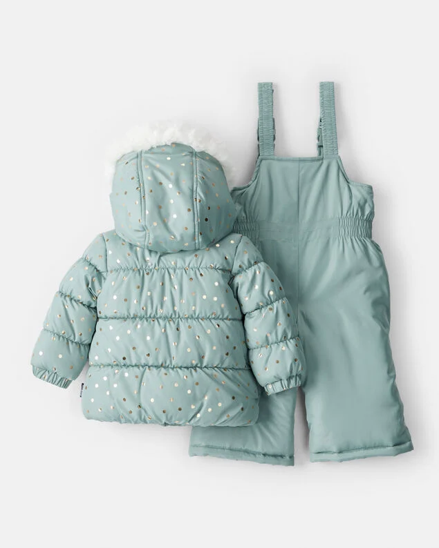 Product image 2 of Baby Girl 2-Piece Polka Dot Hooded Snowsuit Jacket & Bib Set - Green