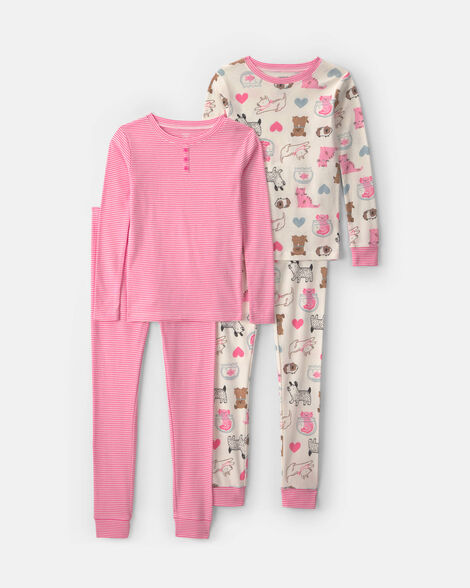girls 4-piece pets 100% cotton snug fit pajama set - pink/cream