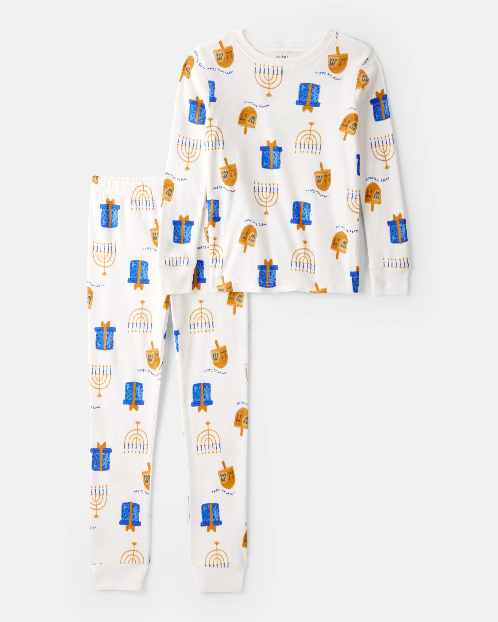 Kid Hannukah Print 100% Cotton Long-Sleeve Snug Fit 2-Piece Pajamas - White