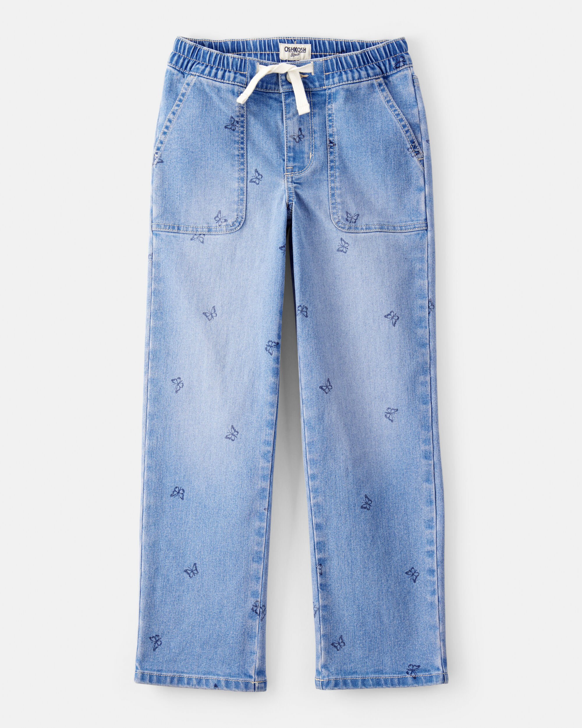 Girls Butterfly Print Denim Pull-On Jeans - Blue