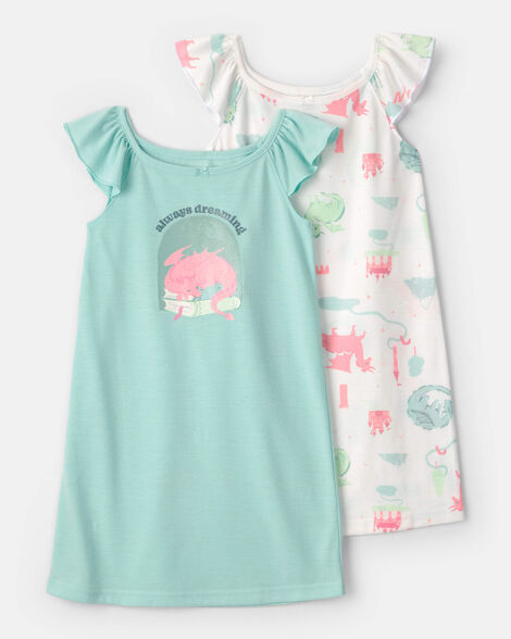 girls 2-pack fairy tale dragon loose fit night gown - blue/ivory