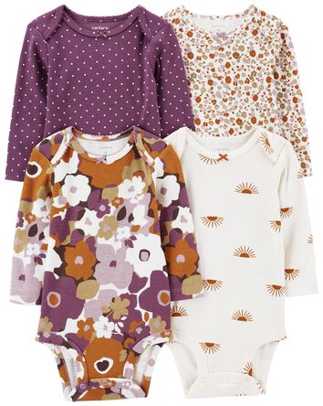 Baby 4-Pack Long-Sleeve Floral & Polka Dot Bodysuits