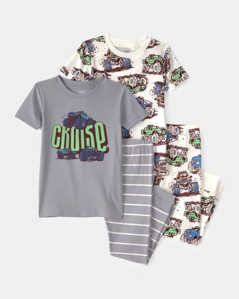 toddler boy monster truck 100% cotton snug fit 4-piece pajama set - grey