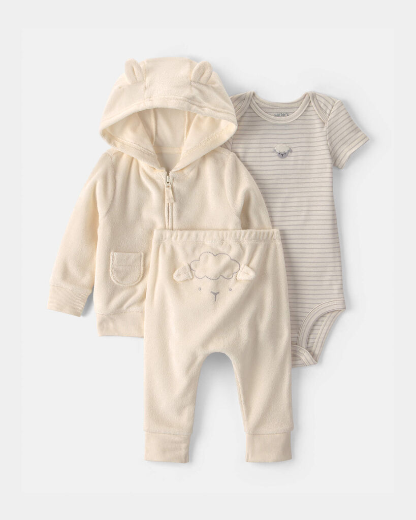 Carter's Baby Girls' or Boys' Sheep Terry Bodysuit, Cardigan and Pants, 3-Piece Set - Ivory