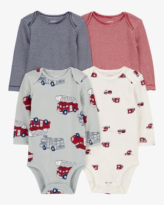 Product image 1 of Baby 4-Pack Long-Sleeve Firetruck Bodysuits