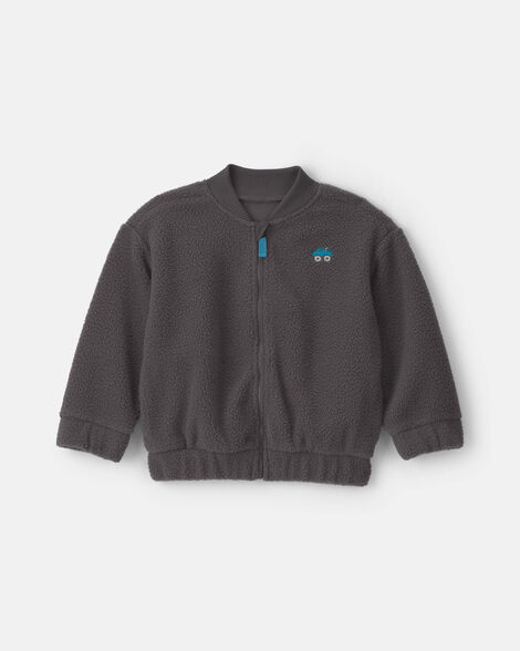 toddler boy monster truck teddy fleece zip-up jacket - charcoal grey