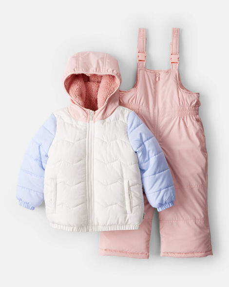 toddler girl 2-piece color block hooded snowsuit jacket & bib set