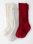Deep Red, Subtle Heather Grey, Sweet Cream - Baby Girl 3-Pack Knee-High No-Slip Socks Made with Organic Cotton, Selected