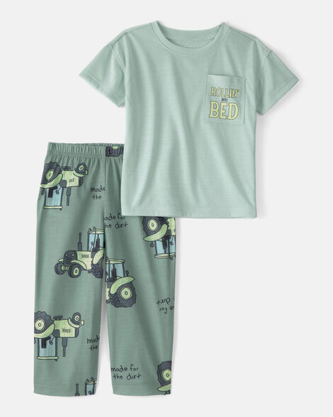 toddler boy tractor loose fit 2-piece pajama set - green