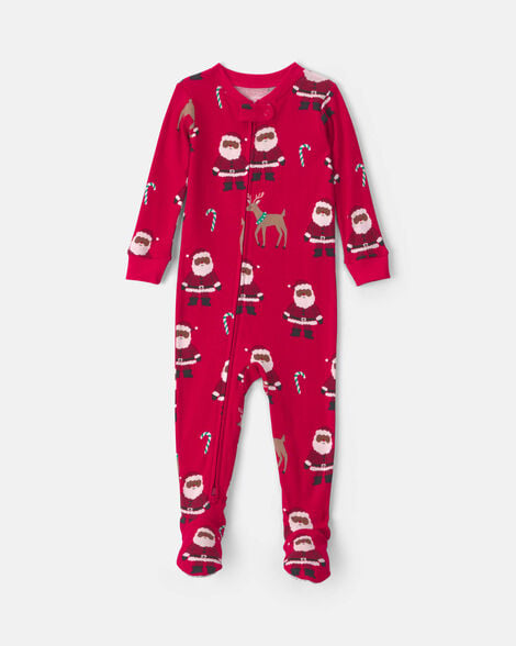 baby 1-piece brown santa christmas 2-way zip 100% cotton snug fit footed pajama - red