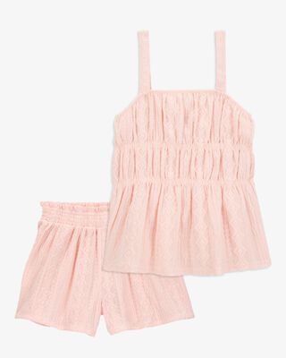 Product image 1 of Kid 2-Piece Ruched Textured Tank & Pull-On Smocked Shorts Set - Pink
