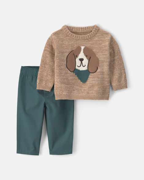 baby boy 2-piece dog sweater top & pant set - brown/green