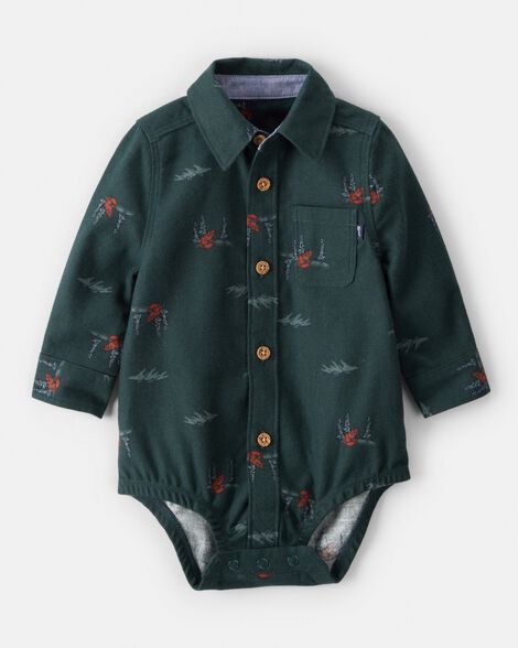 Baby Boy Woodland Fox Long-Sleeve Button-Down Bodysuit - Green