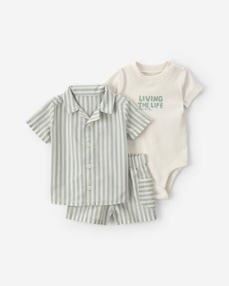 baby boy 3-piece 'living the life' striped bodysuit & short set - green/cream