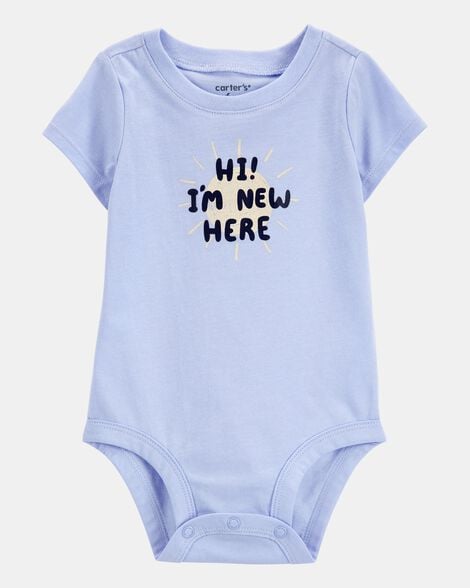 baby "i'm new here" short-sleeve bodysuit - blue