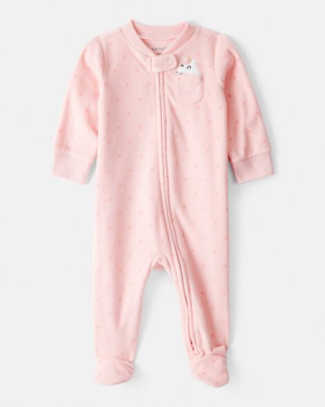 baby girl unicorn print loose fit long-sleeve sleep & play pajamas - pink