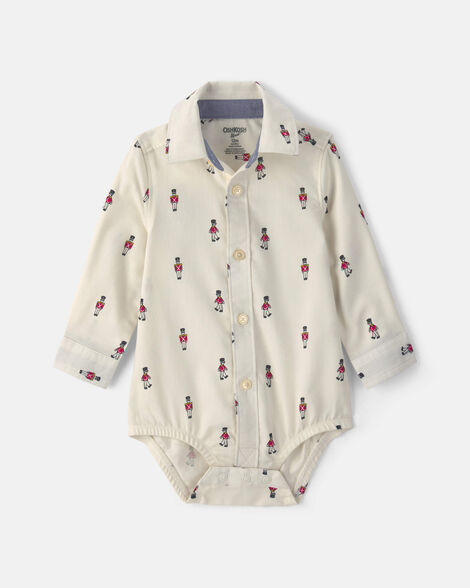 Baby Boy Nutcracker Christmas Long-Sleeve Button-Down Bodysuit - White/Red/Black