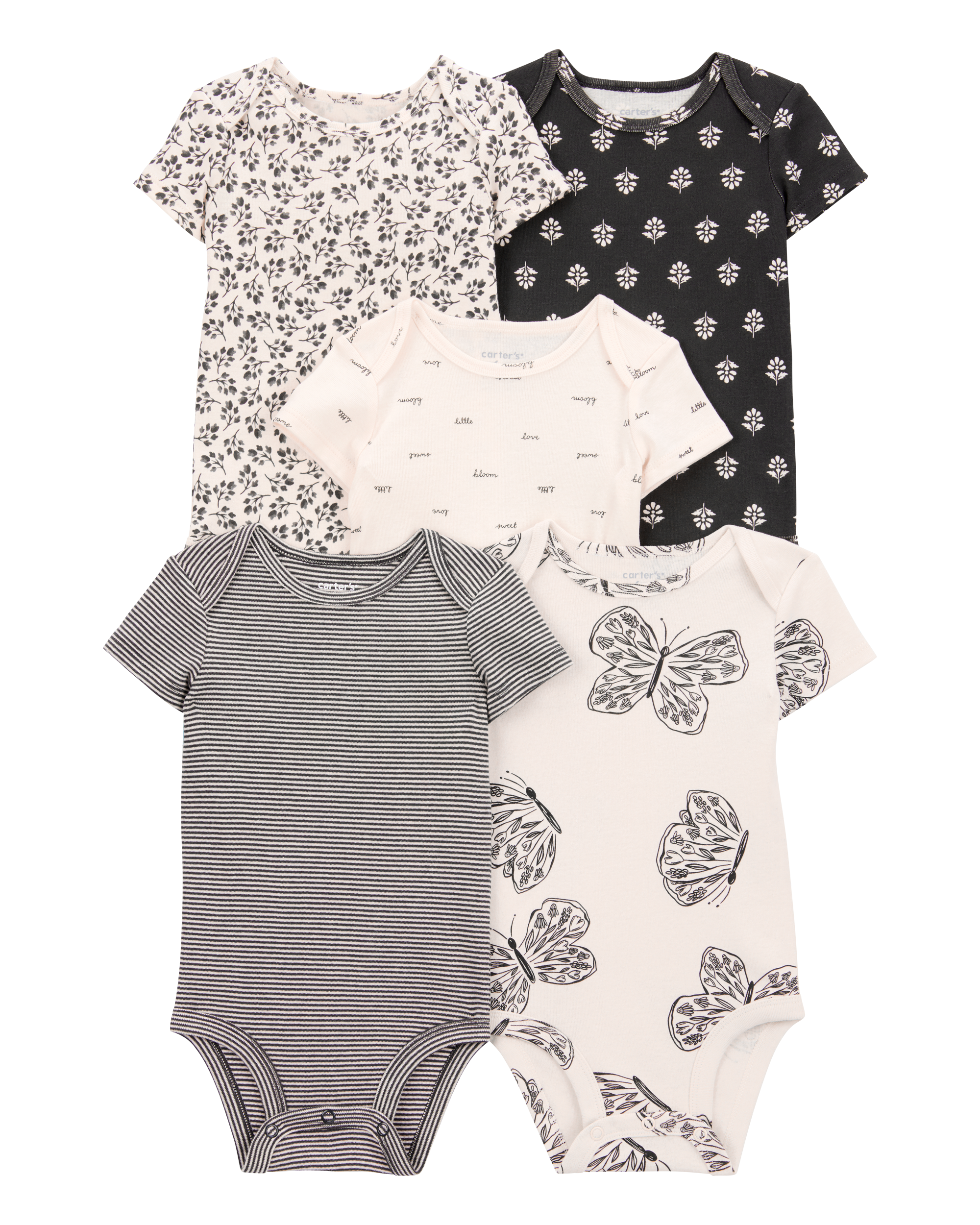 Baby Girl 5-Pack Striped Butterfly Short-Sleeve Cotton Bodysuits - Black/White