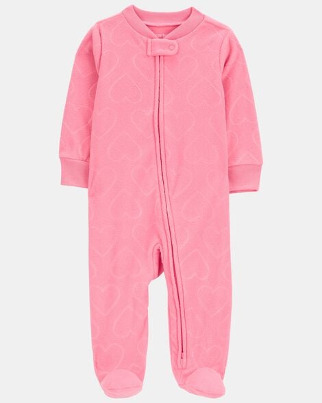 baby girl heart print loose fit long-sleeve 2-way zip sleep & play pajamas - pink