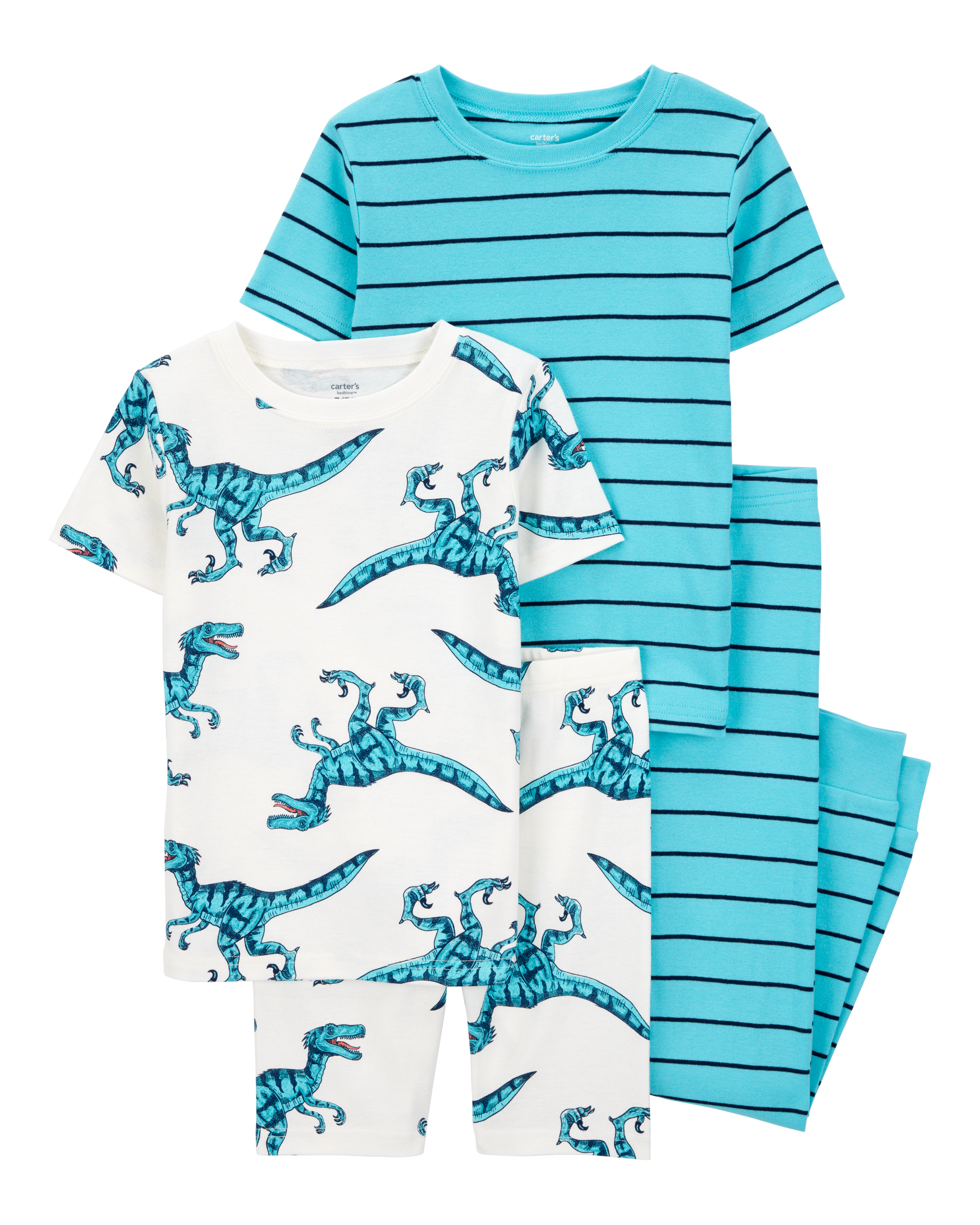 Kid 4-Piece Striped Dinosaur 100% Snug Fit Cotton Pajamas - Turquoise