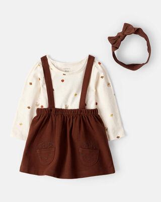Product image 1 of Baby Girl 3-Piece Thanksgiving Print Dress Set - White/Brown