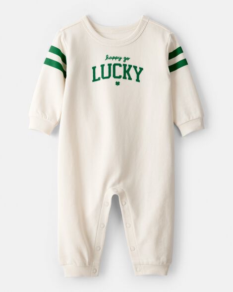 baby st. patrick's day lucky french terry long-sleeve jumpsuit - cream