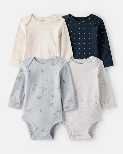 Image of Baby Girl 4-Pack Unicorn, Heart, Star Print Long-Sleeve Multipack Bodysuits - Multi