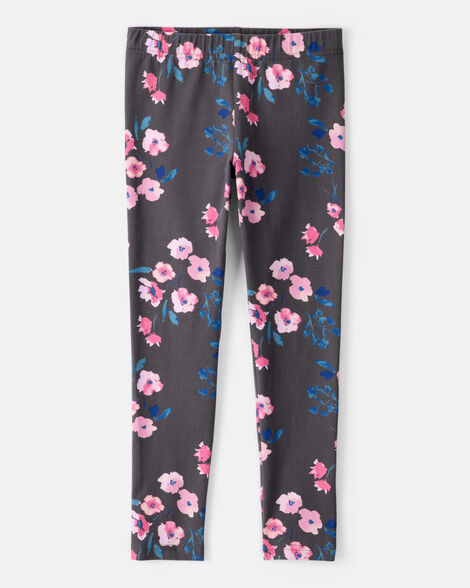 girls floral cotton pull-on stretch leggings - black