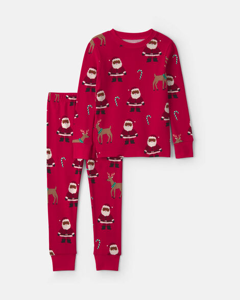 toddler 2-piece brown santa christmas 100% cotton snug fit pajama set - red