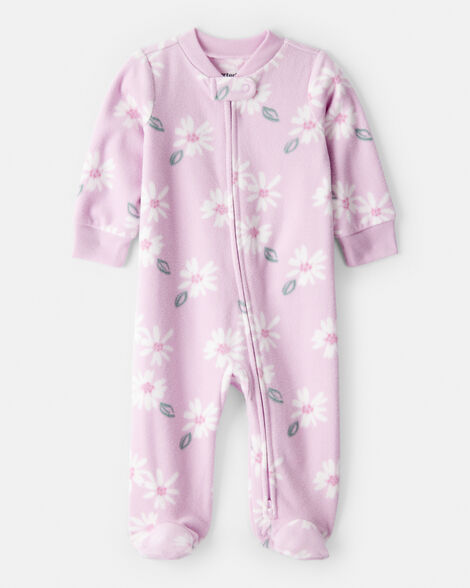 baby girl floral print loose fit long-sleeve sleep & play pajamas - pink