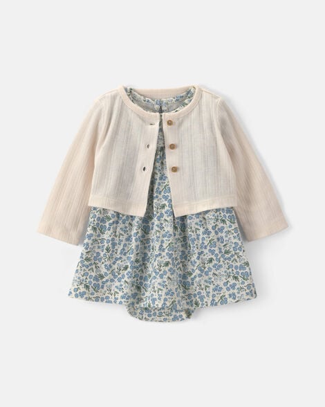 baby girl 2-piece floral cardigan dress set - blue
